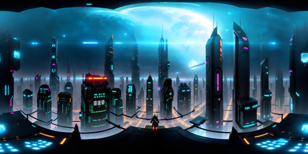 Cyberpunk Night City Tron Future 360 Panorama HDRIの写真素材
