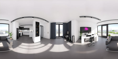 panoramic 360 degree 3D rendering with livingroom, kitchen and dining areaの写真素材