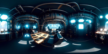 360 degree full panorama of cyberpunk spaceship interior HDRIの写真素材