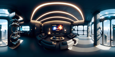 360 degree full panorama of cyberpunk interior HDRIの写真素材