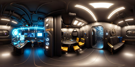 360 degree full panorama of cyberpunk spaceship interior HDRIの写真素材