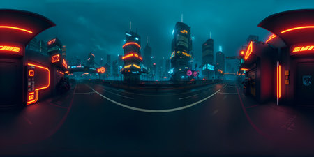 super cool cyberpunk city street 360 degree HDRIの写真素材