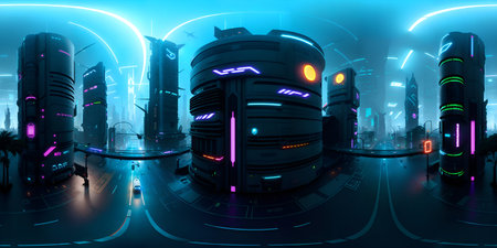 super cool cyberpunk city street 360 degree HDRIの写真素材