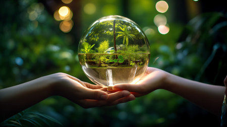 hands holding glass globe ball with tree growing and green nature blur background. ai generative.の素材