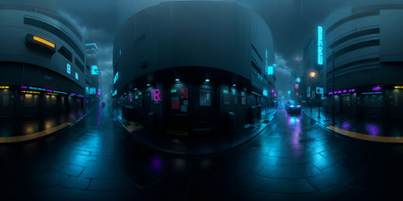 Cyberpunk Night City Tron Future 360 Panorama HDRIの写真素材