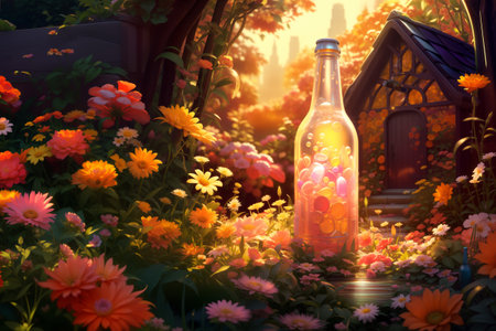 nice flowers in the bottl in golorful gardenの写真素材