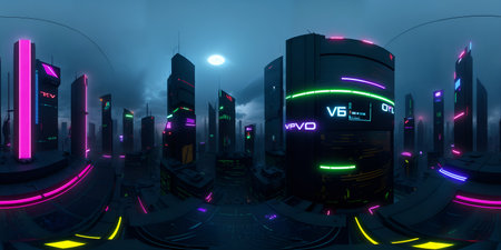 super cool cyberpunk city street 360 degree HDRIの写真素材