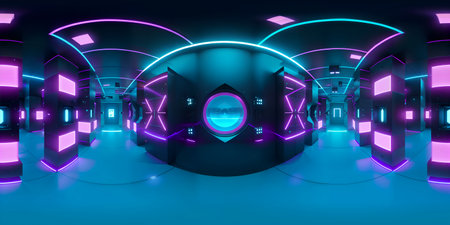 equirectangular cyberpunk city street 360 degree HDRI map