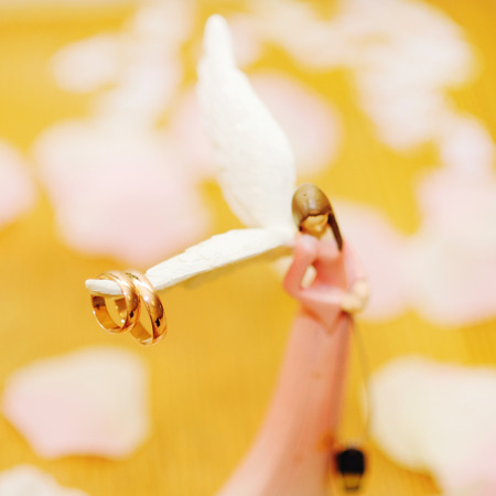Two wedding rings on a figurine for a newly-married coupleの写真素材