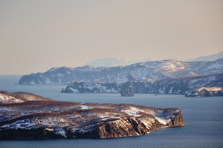 Panoramic view of winter Bay national Park. Kamchatka. Russia.