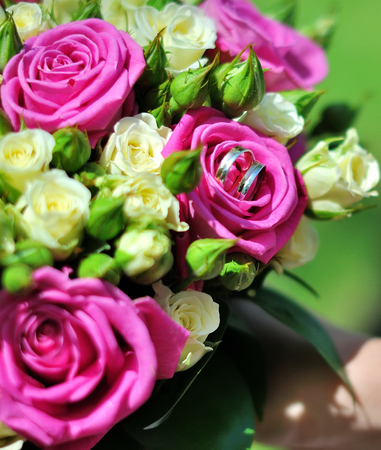 wedding bridal bouquet closeup in happy dayの写真素材