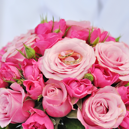 Wedding flowers, bridal bouquet closeup. Decoration made of rosesの写真素材