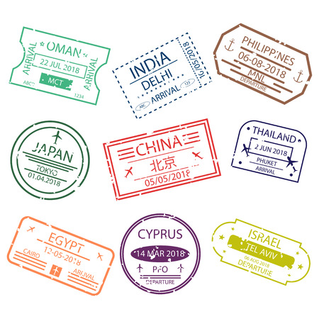 Passport stamp or visa signs for entry  to the different countries Asia.  International Airport  symbols. Vectorのイラスト素材