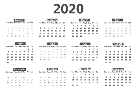 Calendar 2020 template. Week starts on Sunday. Simple style. Vectorのイラスト素材