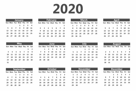 Calendar 2020 template. Week starts on Sunday. Simple style. Vectorのイラスト素材