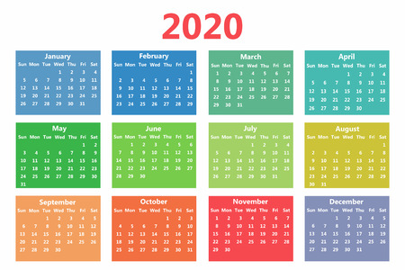 Calendar 2020 template. Week starts on Sunday. Simple style. Vectorのイラスト素材
