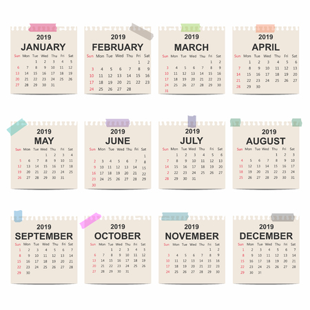 Calendar 2019. Monthly calendar template on old paper. Week starts on Sunday. Vectorのイラスト素材