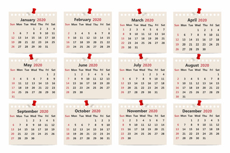 Calendar 2020. Monthly calendar template on old paper. Week starts on Sunday. Vectorのイラスト素材