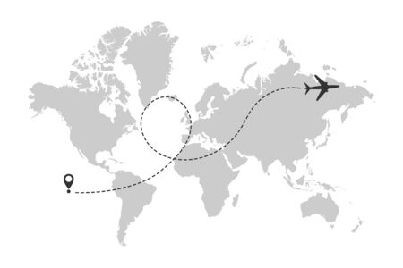 World map with airplane line path. Airplane flight route with start point and dash line trace. Vectorのイラスト素材