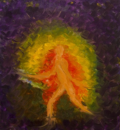 Silhouette of a person in motion. Human energy in the colors of chakras. Rainbow. Oil painting on the canvasの写真素材