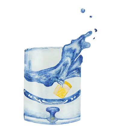 watercolor hand painting of water glass with  piece lemon isolated on white background.の写真素材