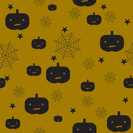 Vector Halloween seamless pattern. Black icons bats, cobwebs, pumpkin, stars. Design elements for banner Halloween. Flat cartoon illustration.のイラスト素材