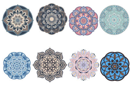 Set of  decorative colorful mandalas ornaments. Anti-stress therapy patterns. Weave design elements. Yoga logos, backgrounds for meditation poster. Flower shape. Oriental flourish vectorのイラスト素材