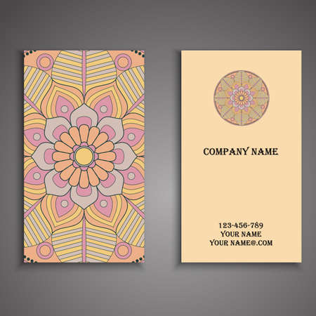 Vector business card. Floral mandala pattern and ornaments. Oriental design Layout. Islam, Arabic, Indian, ottoman motifs. Front page and back page.のイラスト素材