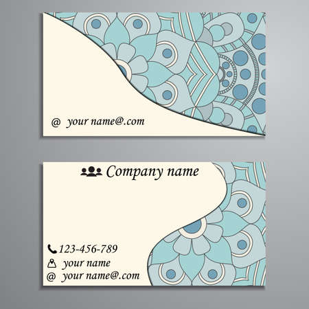 Visiting card and business card set with mandala design element logo. Abstract oriental Layout. Front page and back pageのイラスト素材