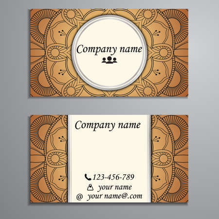 Visiting card and business card set with mandala design element logo. Abstract oriental Layout. Front page and back pageのイラスト素材