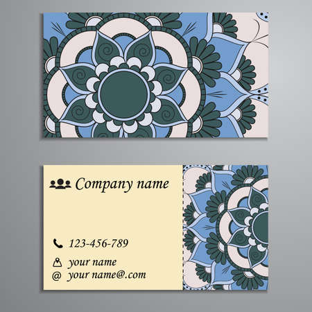 Visiting card and business card set with mandala design element logo. Abstract oriental Layout. Front page and back pageのイラスト素材
