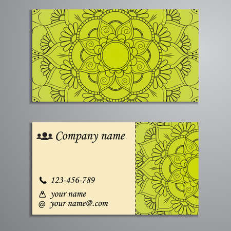 Visiting card and business card set with mandala design element logo. Abstract oriental Layout. Front page and back pageのイラスト素材