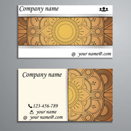 Visiting card and business card set with mandala design element logo. Abstract oriental Layout. Front page and back pageのイラスト素材