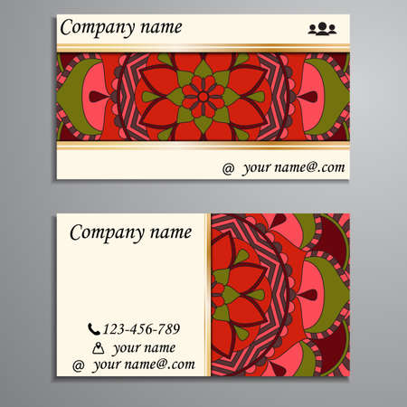 Visiting card and business card set with mandala design element logo. Abstract oriental Layout. Front page and back pageのイラスト素材