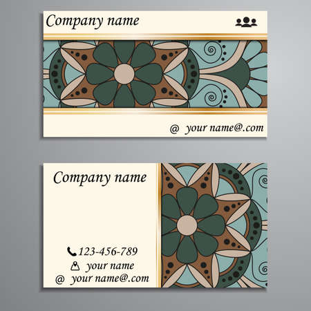 Visiting card and business card set with mandala design element logo. Abstract oriental Layout. Front page and back pageのイラスト素材