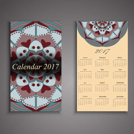 Vector calendar 2017 with decorative elements. Vector mandala design. Template can be used for web and print design.のイラスト素材