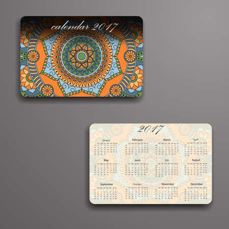 Vector calendar 2017 with decorative elements. Vector mandala design. Template can be used for web and print design.のイラスト素材