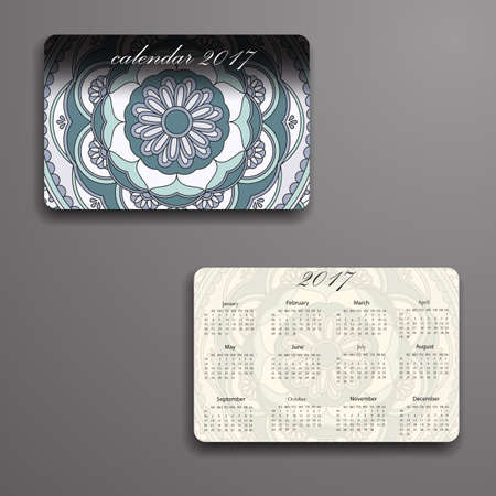 Vector calendar 2017 with decorative elements. Vector mandala design. Template can be used for web and print design.のイラスト素材