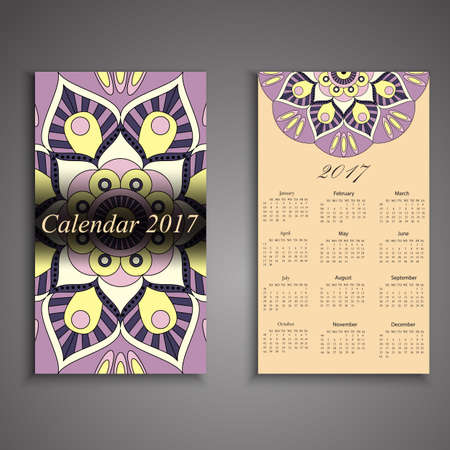 Vector calendar 2017 with decorative elements. Vector mandala design. Template can be used for web and print design.のイラスト素材