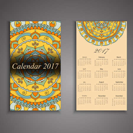 Vector calendar 2017 with decorative elements. Vector mandala design. Template can be used for web and print design.のイラスト素材