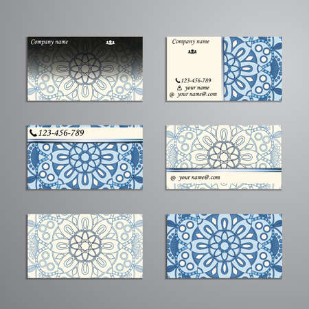 visiting card and business card big set. Floral mandala pattern and ornaments. Oriental design Layout, ottoman motifs. Front page and back page.のイラスト素材