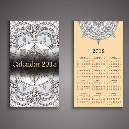 Vector calendar 2018 with decorative elements. Vector mandala design. Template can be used for web and print design.のイラスト素材