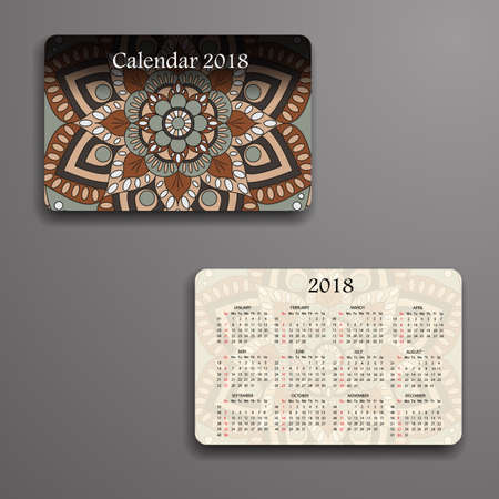 Vector calendar 2018 with decorative elements. Vector mandala design. Template can be used for web and print design.のイラスト素材