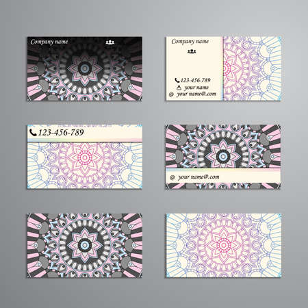 visiting card and business card big set. Floral mandala pattern and ornaments. Oriental design Layout, ottoman motifs. Front page and back page.のイラスト素材