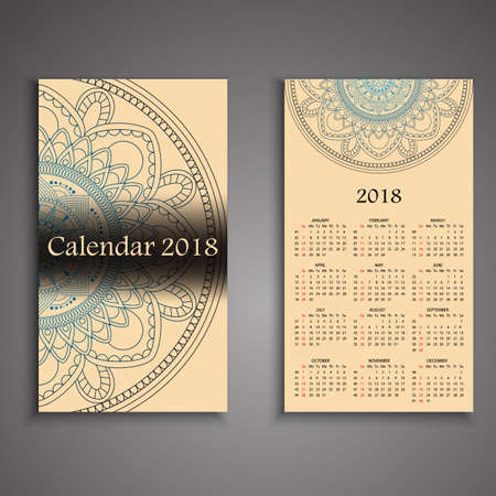 Vector calendar 2018 with decorative elements. Vector mandala design. Template can be used for web and print design.のイラスト素材