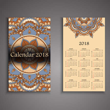 Vector calendar 2018 with decorative elements. Vector mandala design. Template can be used for web and print design.のイラスト素材
