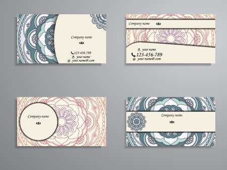 visiting card and business card big set. Floral mandala pattern and ornaments. Oriental design Layout, ottoman motifs. Front page and back page.のイラスト素材