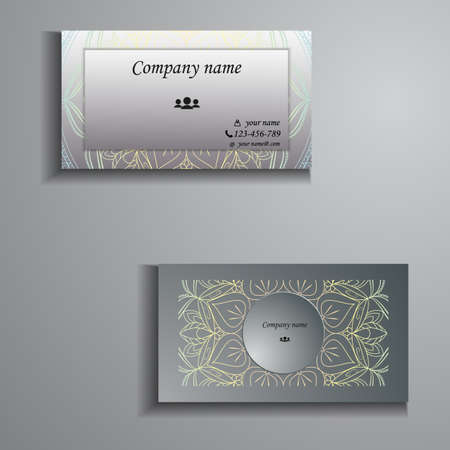 visiting card and business card big set. Floral mandala pattern and ornaments. Oriental design Layout, ottoman motifs. Front page and back page.のイラスト素材