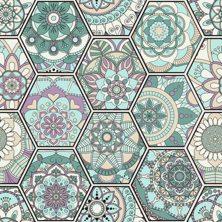 Luxury oriental tile seamless pattern. Colorful floral patchwork background. Mandala boho chic...