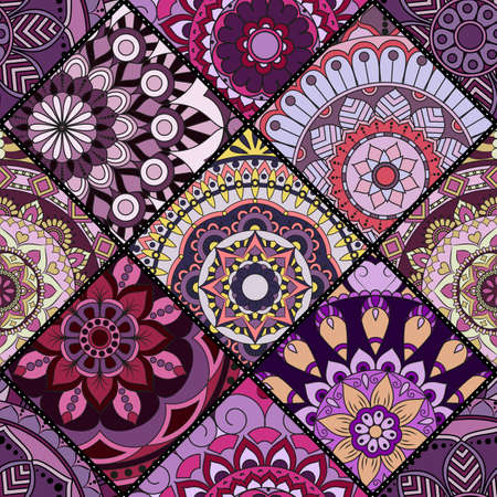 Patchwork pattern. Vintage decorative elements. Hand drawn background. Islam, Arabic, Indian, ottoman motifs. Perfect for printing on fabric or paper.のイラスト素材